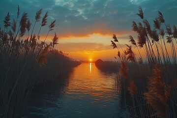 Canvas Print - Sunset over the tranquil river