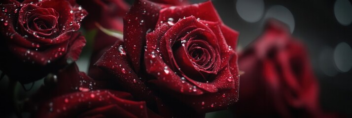 Aufkleber - Deep red roses with delicate water droplets capture beauty and freshness, making them ideal for expressions of love and affection. Generative AI