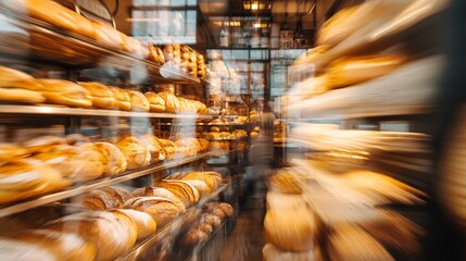 bustling bakery shelves blur with motion, showcasing an array of golden breads and pastries in warm,