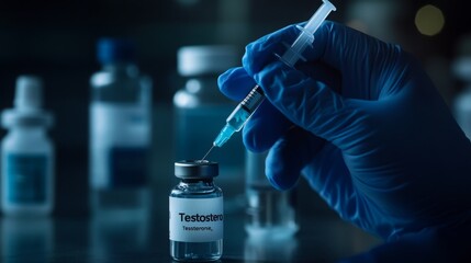 Poster - A gloved hand is carefully drawing testosterone from a vial into a syringe with a focus on precision in a dimly lit laboratory environment during a medical procedure.