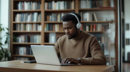 Poster - A man wears headphones and concentrates on his laptop at a wooden table in a well-stocked library, surrounded by shelves full of books, as daylight filters through the windows.