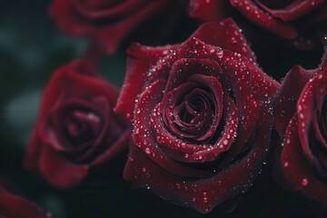 Sticker - Deep red roses with water droplets shimmer gently, showcasing beauty in a tranquil garden environment during early morning hours. Generative AI