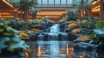 Wall Mural - Indoor Waterfall Oasis with Lush Greenery and Palm Trees