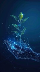 Futuristic digital hand nurturing a glowing plant, symbolizing technological advancement in agriculture and environmental conservation on a deep blue background.