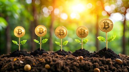 Bitcoin symbols growing as plants in a garden, representing yield farming and cryptocurrency investment