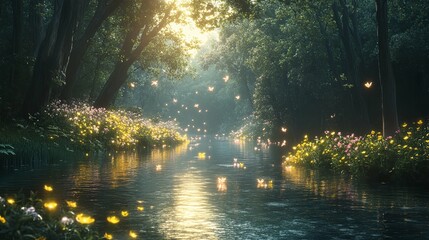 Wall Mural - Enchanted Forest River with Glowing Butterflies