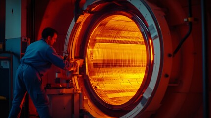 Poster - A technician carefully adjusts equipment in a high-temperature furnace. The glowing orange interior illuminates the industrial space, showcasing advanced technology at work during the evening shift.