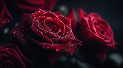 Aufkleber - The bouquet features close-up deep red roses, each petal glistening with delicate water droplets, highlighting their fresh beauty. Generative AI