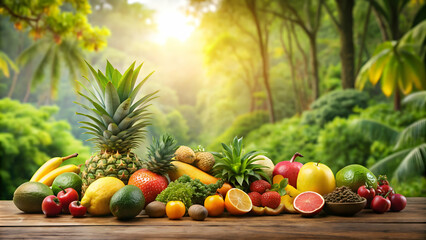 Tropical fruits against lush tropical forest backdrop, tropical, fruits, background, forest, exotic, vibrant, colorful, fresh