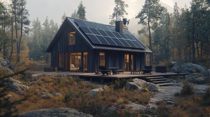 Modern cabin with solar panels in a serene forest setting