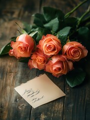 Aufkleber - A charming bouquet of roses rests on a rustic wooden table, accompanied by a small handwritten note, inviting warmth and sentiment. Generative AI