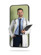 © New Africa - Online doctor standing out of mobile phone screen on white background