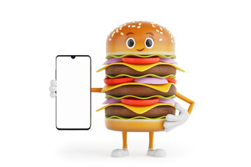 Aufkleber - Cartoon Premium Delicious Burger Icon Person Character Mascot and Modern Mobile Phone with Blank Screen for Your Design. 3d Rendering