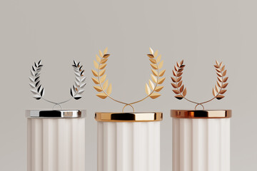 Aufkleber - Empty Golden, Silver and Bronze Laurel Winner Place Stage Mockup. 3d Rendering