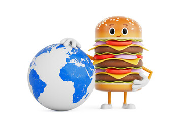 Leinwandbilder - Cartoon Premium Delicious Burger Icon Person Character Mascot with Earth Globe. 3d Rendering