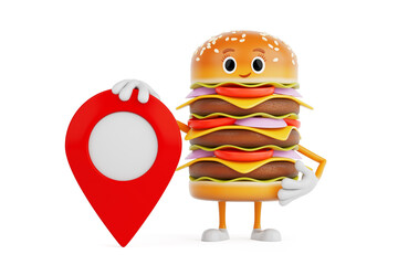 Poster - Cartoon Premium Delicious Burger Icon Person Character Mascot with Red Target Map Pointer Pin. 3d Rendering
