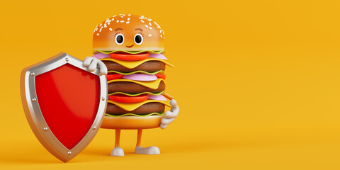 Aufkleber - Cartoon Premium Delicious Burger Icon Person Character Mascot with Red Metal Protection Shield. 3d Rendering