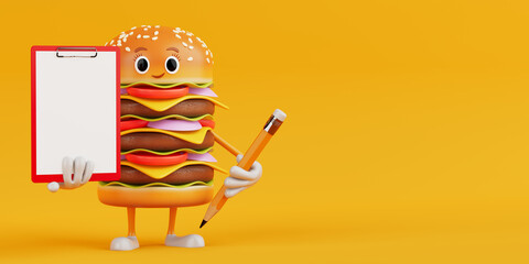 Aufkleber - Cartoon Premium Delicious Burger Icon Person Character Mascot with Red Plastic Clipboard, Paper and Pencil. 3d Rendering