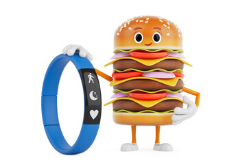 Poster - Cartoon Premium Delicious Burger Icon Person Character Mascot with Blue Fitness Tracker. 3d Rendering