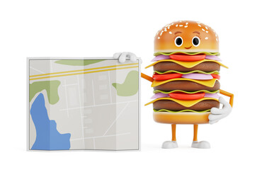 Leinwandbilder - Cartoon Premium Delicious Burger Icon Person Character Mascot with Abstract City Plan Map. 3d Rendering