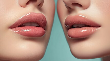 Close-up of Two Women's Lips with Glossy Pink Lipstick