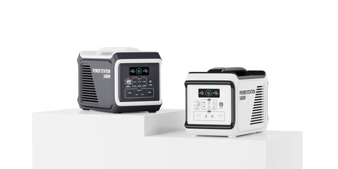 Poster - White Podium Pedestal Stands with High Capacity Portable Power Generator Stations. 3d Rendering