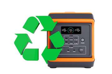 Poster - High Capacity Portable Power Generator Station with Green Recycle Sign. 3d Rendering