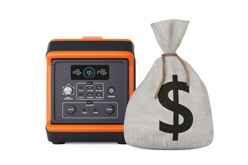 Poster - High Capacity Portable Power Generator Station and Tied Rustic Canvas Linen Money Sack or Money Bag with Dollar Sign. 3d Rendering