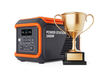 Poster - High Capacity Portable Power Generator Station with Golden Award Trophy Cup. 3d Rendering