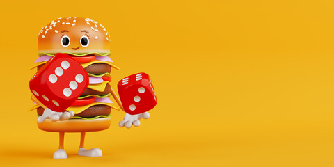 Leinwandbilder - Cartoon Premium Delicious Burger Icon Person Character Mascot with Red Game Dice Cubes in Flight. 3d Rendering