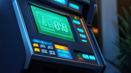 Retro futuristic atm screen with digital interface and glowing display