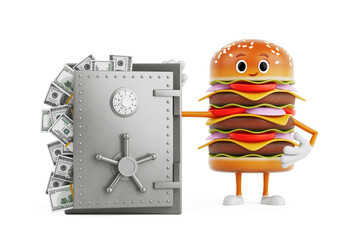 Poster - Cartoon Premium Delicious Burger Icon Person Character Mascot with Vault or Safe Box Full of Dollar Bills. 3d Rendering