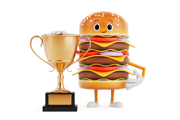 Aufkleber - Cartoon Premium Delicious Burger Icon Person Character Mascot with Golden Award Trophy. 3d Rendering