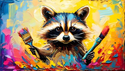 Wall Mural - Joyful raccoon in vibrant oil painting style with expressive grungy brush textures