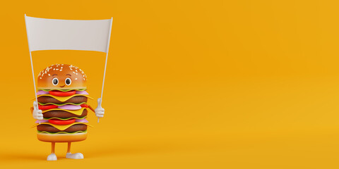 Aufkleber - Cartoon Premium Delicious Burger Icon Person Character Mascot and Empty White Blank Banner with Free Space for Your Design. 3d Rendering