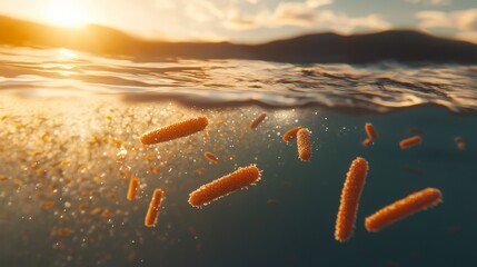 Wall Mural - Golden light shines on floating coral fragments in ocean water at sunset