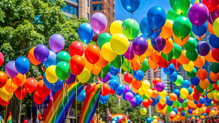 Colorful balloons and streamers at an outdoor pride festival with copy space, balloons, streamers, outdoor, festival, LGBTQ+