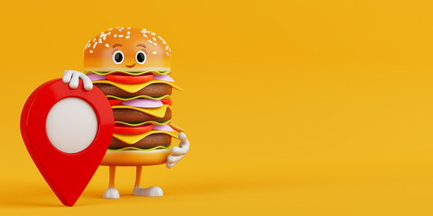 Fototapete - Cartoon Premium Delicious Burger Icon Person Character Mascot with Red Target Map Pointer Pin. 3d Rendering