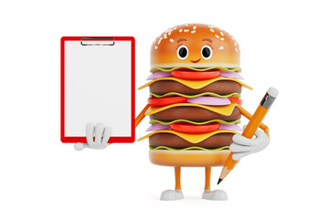 Aufkleber - Cartoon Premium Delicious Burger Icon Person Character Mascot with Red Plastic Clipboard, Paper and Pencil. 3d Rendering