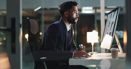 Poster - Data, computer and business man typing to review research on deadline at night in office. Document, desktop and worker check information with financial consultant for profit report, stats or analysis