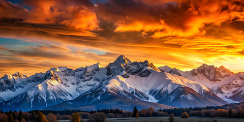 Wall Mural - Majestic sunset casting warm hues over snow-capped mountains, sunset, mountains, snow-capped, majestic, warm hues, sky