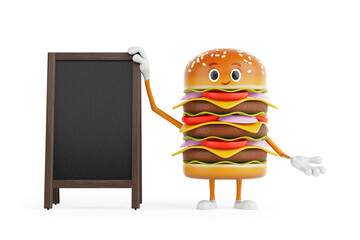 Aufkleber - Cartoon Premium Delicious Burger Icon Person Character Mascot with Blank Wooden Menu Blackboards Outdoor Display. 3d Rendering