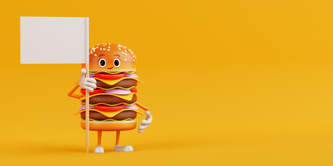Aufkleber - Cartoon Premium Delicious Burger Icon Person Character Mascot with White Flag with Free Space for Your Design. 3d Rendering
