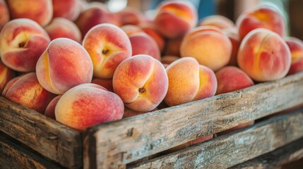 Wall Mural - A close-up of freshly harvested peaches, with soft, fuzzy skin, arranged in a rustic wooden crate