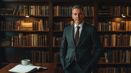 Fototapete - A confident professor in a suit poses in front of a comprehensive bookshelf, highlighting his scholarly environment and expertise. Generative AI