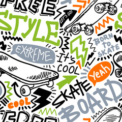 Aufkleber - Abstract seamless grunge pattern for boy. Urban style background with skateboards and graffiti words. Sport extreme style wallpaper design for guys.