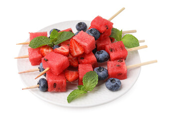 Canvas Print - Skewers with tasty watermelon, strawberries, blueberries and mint isolated on white