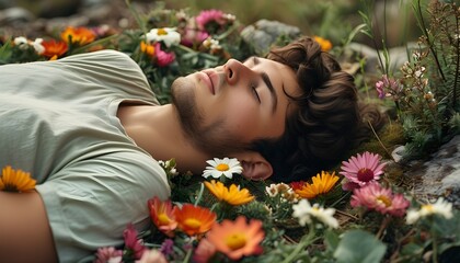 Wall Mural - serene young man resting amidst vibrant flowers in a tranquil natural landscape