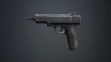 Realistic digital rendering of a black handgun on a dark background