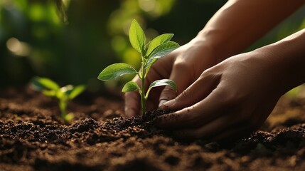 Wall Mural - A close-up of hands planting a seedling in fertile soil, representing new beginnings